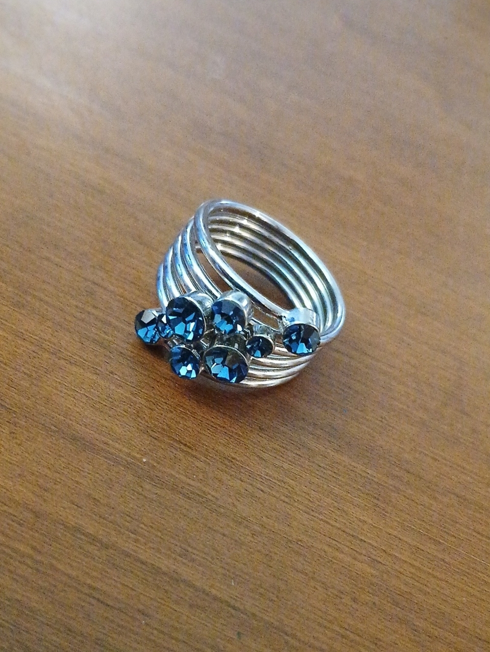 Silver Tone Multi-Band Ring with Blue Crystal Accents Size 8